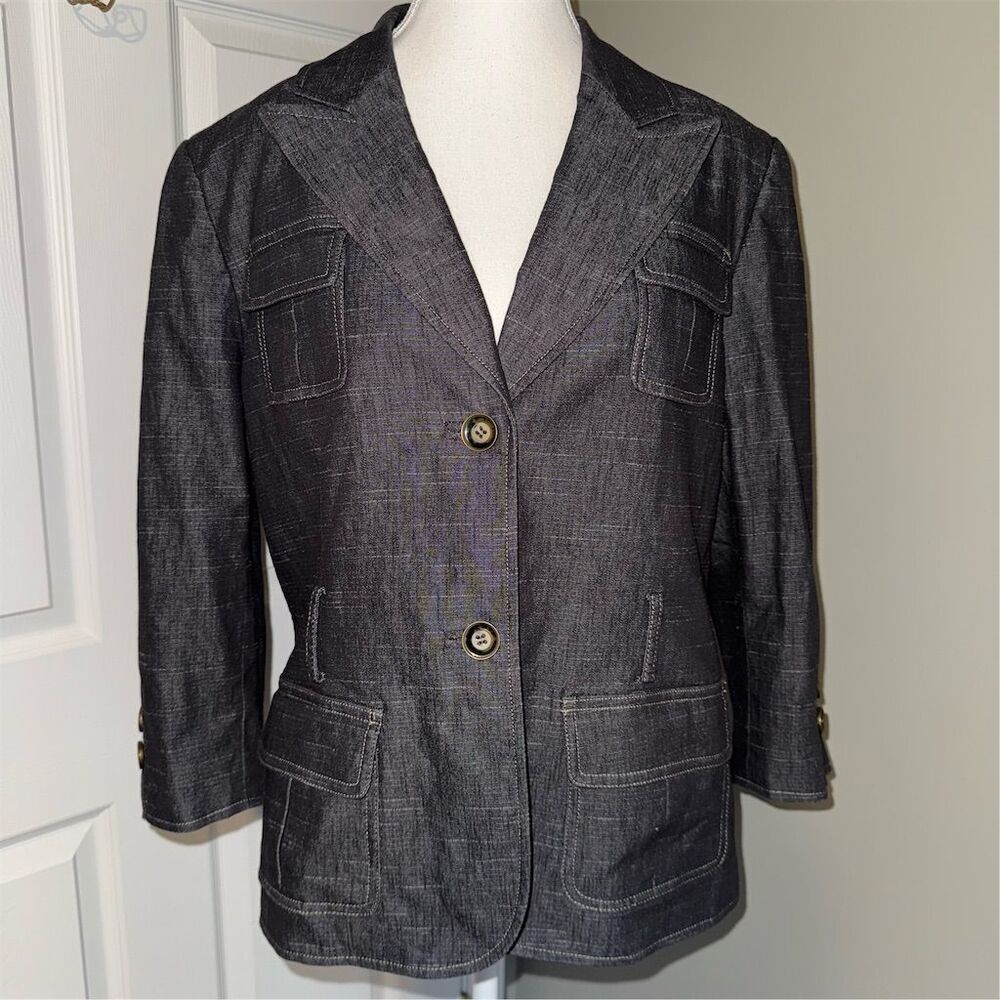 Nine West Women's Denim Gray Button Blazer Size 16 Workwear 3/4 Sleeve Cheetah